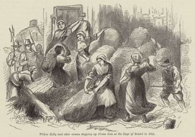 Viuda Kelly y otras mujeres bloqueando Frome Gate en el Asedio de Bristol en 1643 de English School